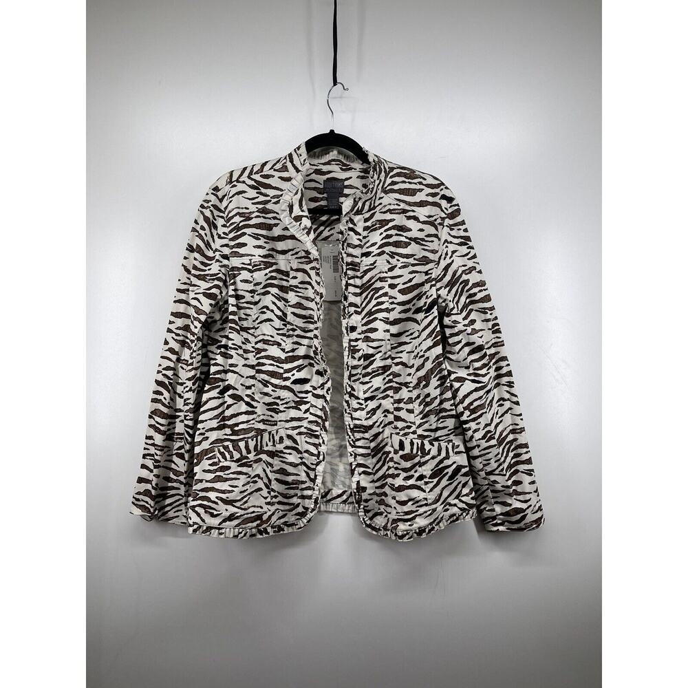 Addition‎ By Chicos Playful Paw Animal Print Ruffle Trim Stretch Chino Jacket XL